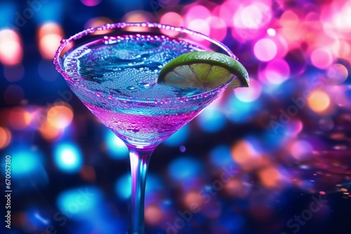 A cocktail with lime, neon lights on background