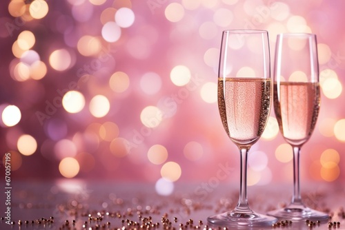 Glasses of champagne pink sparkle background, ceremony celebration anniversar...