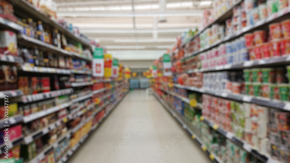 Blurred supermarket grocery store background. Banner for advertise on online media. For montage product display visual layout. Business and shopping concepts.