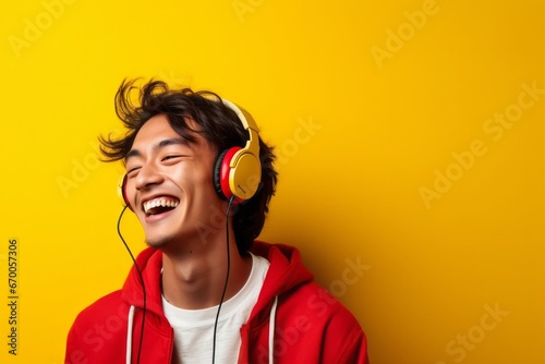 Happy man male young cheerful earphones music