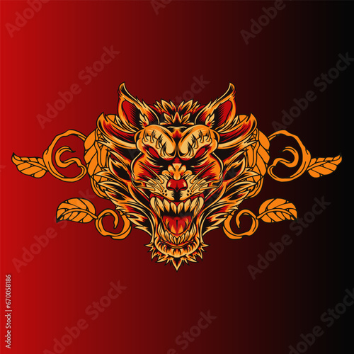 Aggressive wild demon beast head in colorful style vector illustration