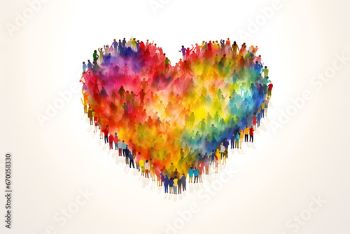 A multicolored heart design with silhouetted people lining its contours on white