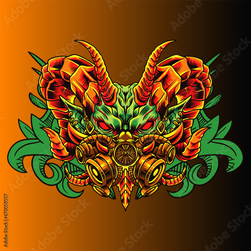 Aggressive wild demon beast head in colorful style vector illustration