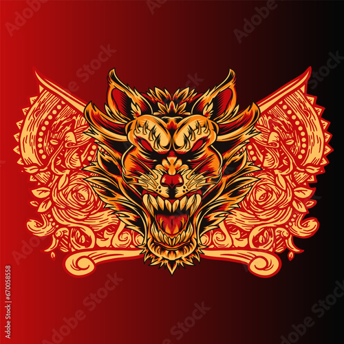 Aggressive wild demon beast head in colorful style vector illustration
