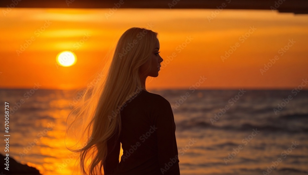 Beautiful Blonde Woman on the Beach during Sunset. Back View of Woman with Blonde Hair Contemplating the Sea.