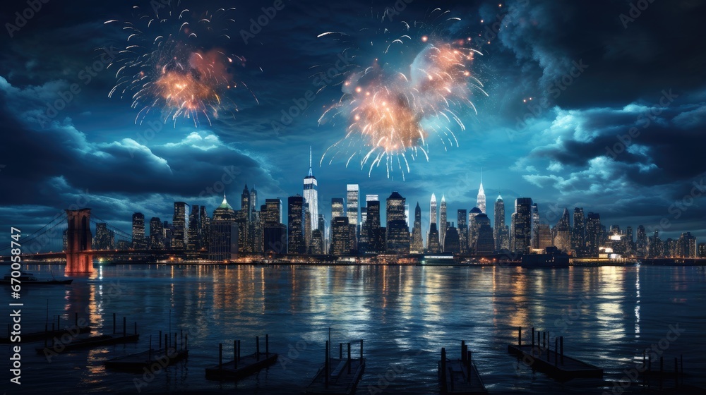 Fireworks lighting up the night sky over an iconic city skyline
