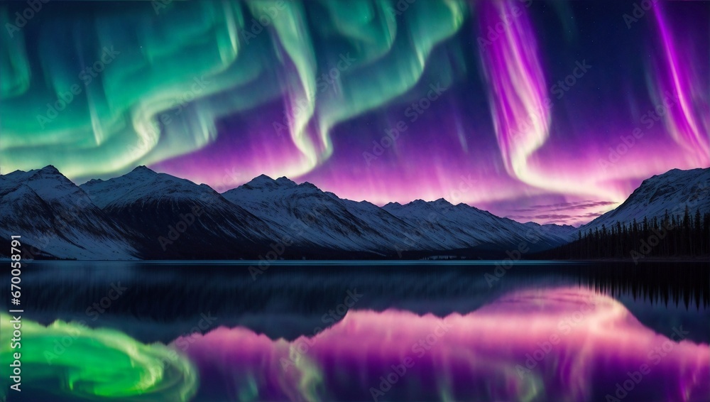 Picturesque northern lights over the mountains and lake. A magical view of the northern lights reflecting on the lake.