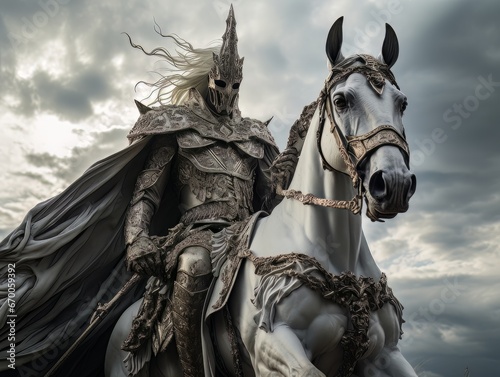 White horseman of apocalypse warrior in armor riding white horse AI