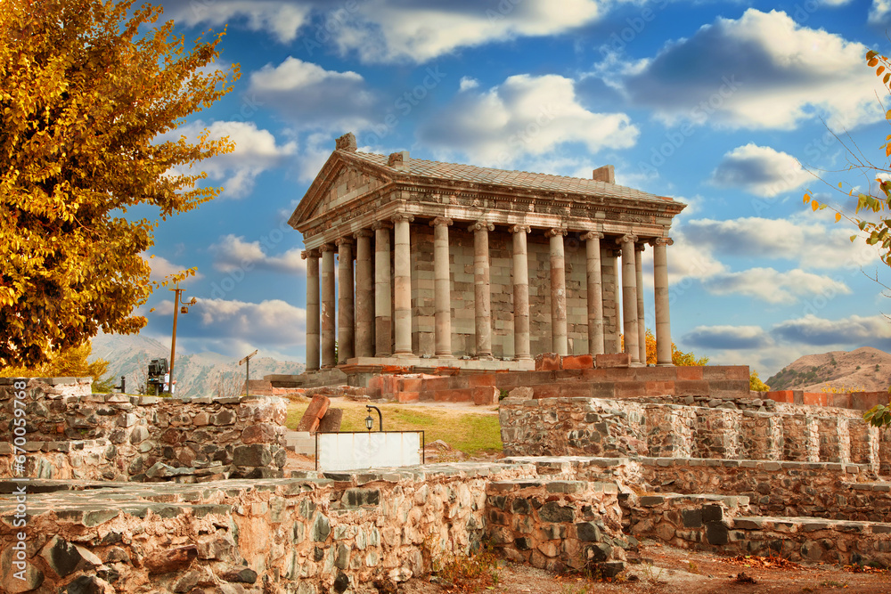 The Temple of Garni and autumn. It is a pagan temple in Armenia was built in the first century AD by the Armenian king Trdat.