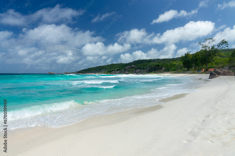Scenic tropical sandy beach of Grand Anse, La Digue island, Seychelles