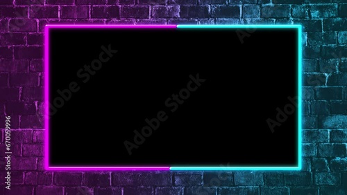 Neon frame isolated by alpha channel. Seamless loop.Animated facecam or webcam. Neon lights rotate and spread colorful light on the brick wall.Drag and drop use.blue and purple background. photo