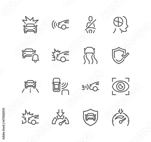 Set of car safety related icons, speed limiter, stability system, child safety, traffic safety laws lane control front and back parking sensors and linear variety vectors.