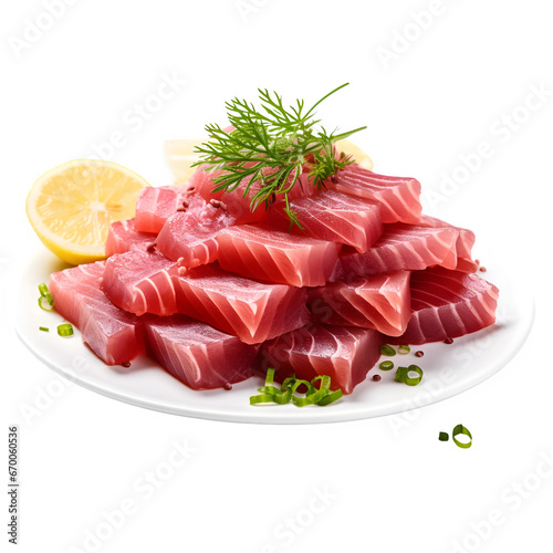 Tuna sashimi on a cutting board isolated on transparent or white background