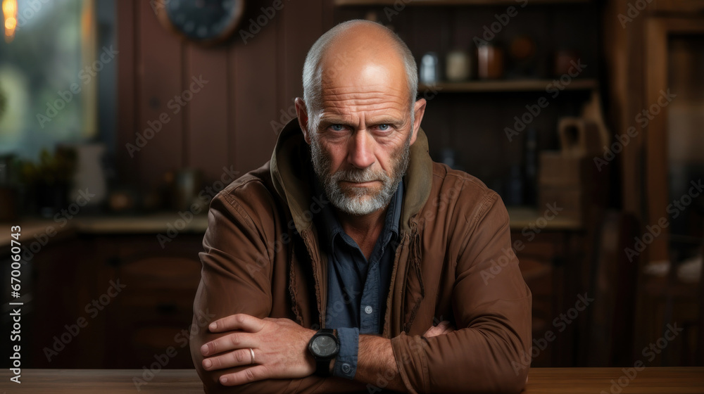Portrait of a mature bald man in his kitchen at home with a serious expression. Portrait of a mature bald man in his kitchen at home with a serious expression.