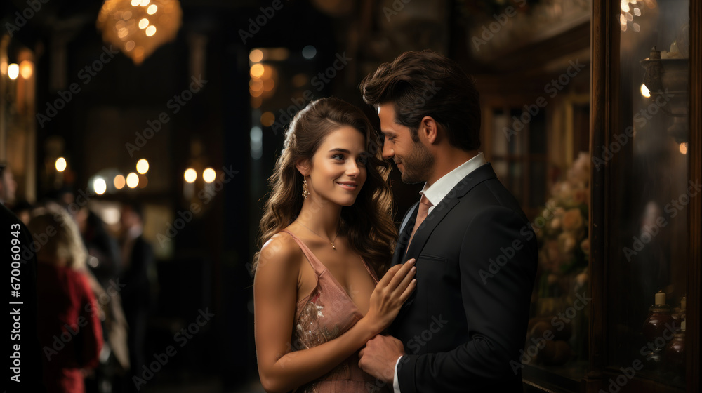 Beautiful young couple hugging and looking at each other while standing in restaurant. Romance in love.