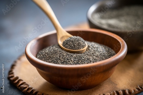 Chia seeds in bowl and spoon on background with vibrant colors. Nutritious small bowl of Salvia hispanica. Superfood for health. Generative AI