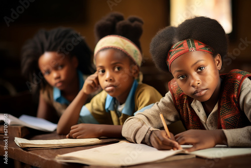 A photograph featuring a cheerful group of African primary school black students diligently studying and taking notes together in a classroom. Generative AI. © Surachetsh