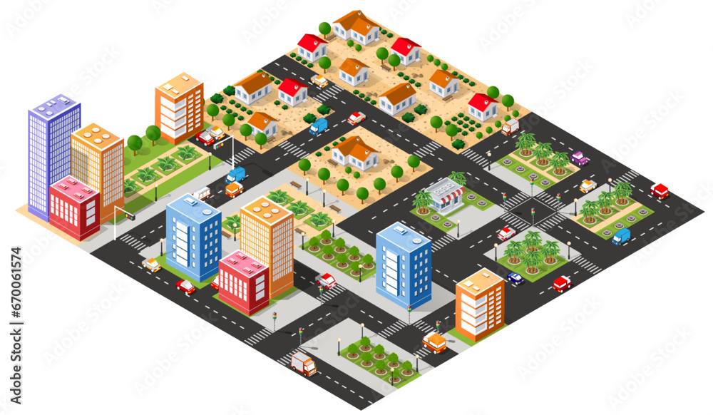Set of modern isometric buildings and plants for sites