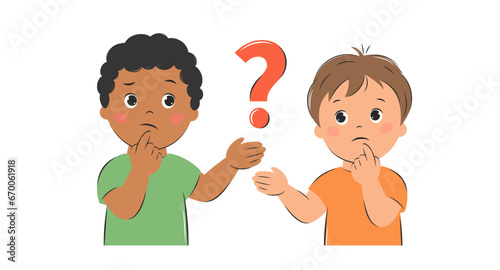 Children ponder the question. Cartoon characters boys for children design. Knowledge and education concept. Vector illustration