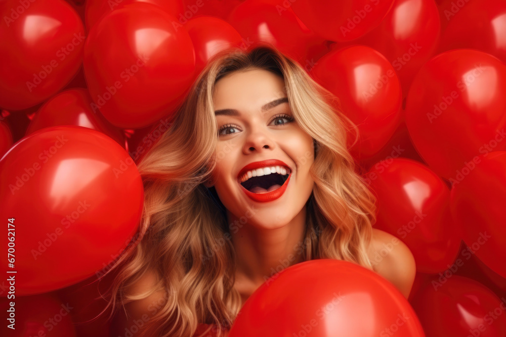 Happy smiling blonde girl in red dress with inflatable red heart-shaped balloons on red background. Valentine's day, holiday, love concept Happy smiling blonde girl in red dress with inflatable red heart-shaped balloons on red background. Valentine's day, holiday, love concept