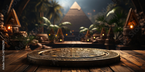 Ancient golden product display podium, background with Egyptian pyramids and palm trees.