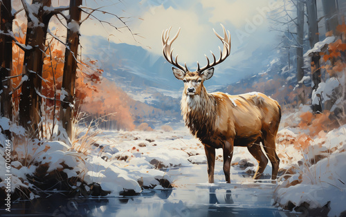 Illustration of a deer in winter forest
