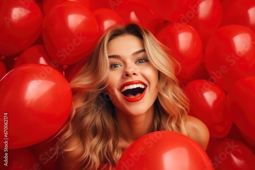 Happy smiling blonde girl in red dress with inflatable red heart-shaped balloons on red background. Valentine's day, holiday, love concept