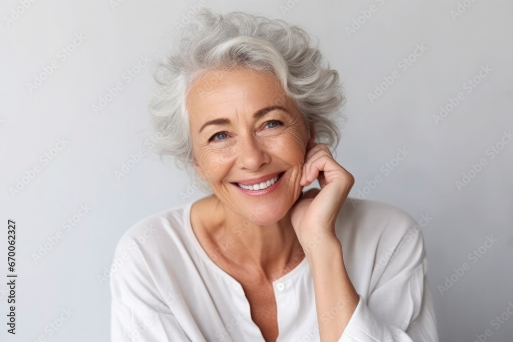 Portrait of beautiful mature woman with snow-white smile, gray hair on gray background. Middle-aged lady in light clothes, happy pensioner looking at the camera. Beauty, skin care concept Portrait of beautiful mature woman with snow-white smile, gray hair on gray background. Middle-aged lady in light clothes, happy pensioner looking at the camera. Beauty, skin care concept