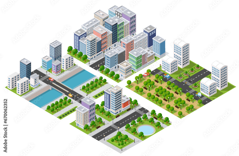 Isometric 3D illustration City with river embankment with people walking bridges - obrazy, fototapety, plakaty 