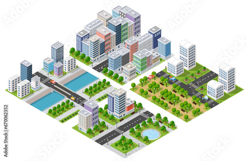 Isometric 3D illustration City with river embankment with people walking bridges