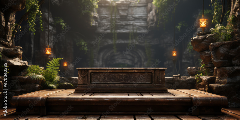 Old wooden podium over wooden floor and candles in a cave with stone walls. Old wooden podium over wooden floor and candles in a cave with stone walls.