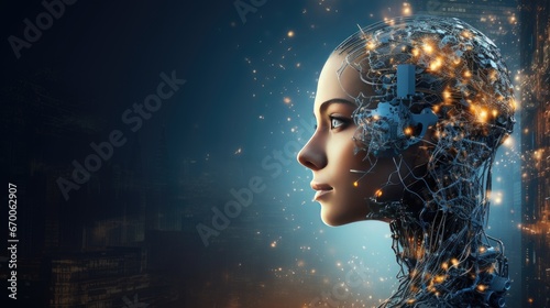 Side view portrait of robot head on futuristic background. AI technology concept.