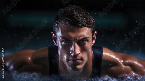 Professional man swimmer inside swimming pool. Underwater panora.