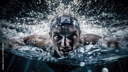 Professional man swimmer inside swimming pool. Underwater panora.