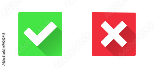 Check mark and cross icon. Green tick and red failed or mistake icons set. Complete or done and error mark symbol. Vector stock illustration.