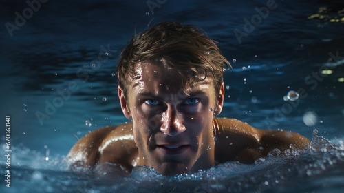 Professional man swimmer inside swimming pool. Underwater panora. © Muhammad_Waqar
