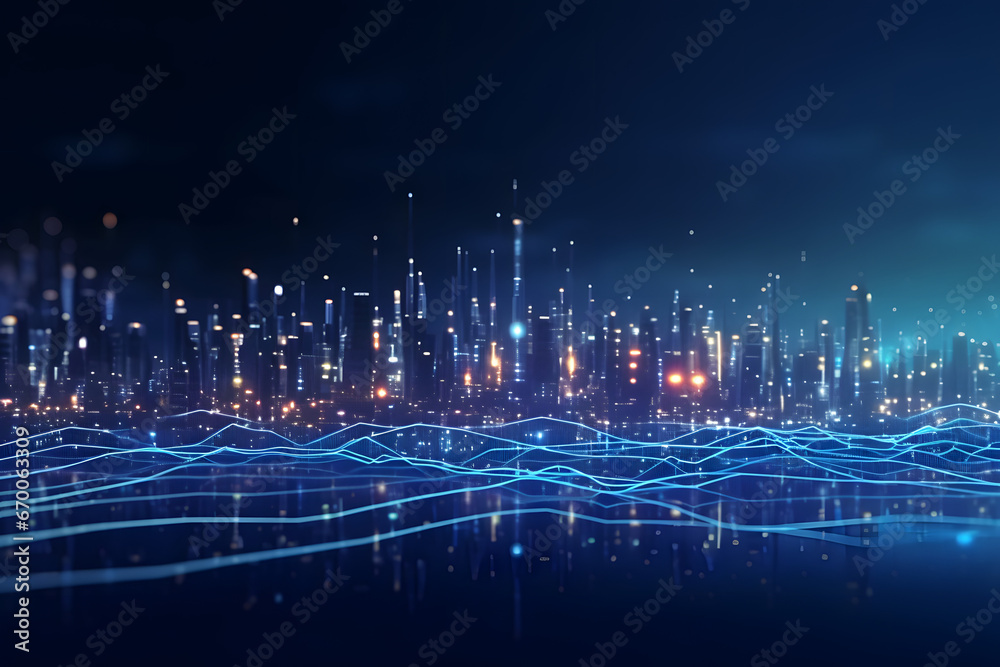 Dense cityscape with blue digital wave patterns