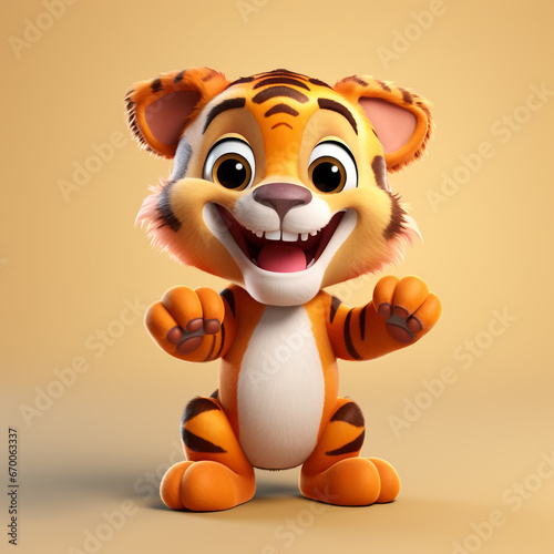 3D cartoon style illustration of a little and cute tiger wearing a shirt and a happy face. Isolated on white background.