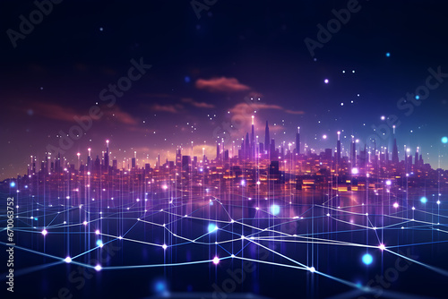 Vivid city skyline with interconnected data lines and purple ambient glow