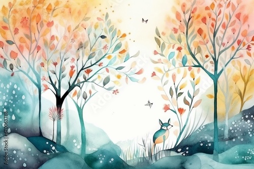 Illustration of a magical forest in watercolor. Perfect for children's interior wallpaper. Generative AI