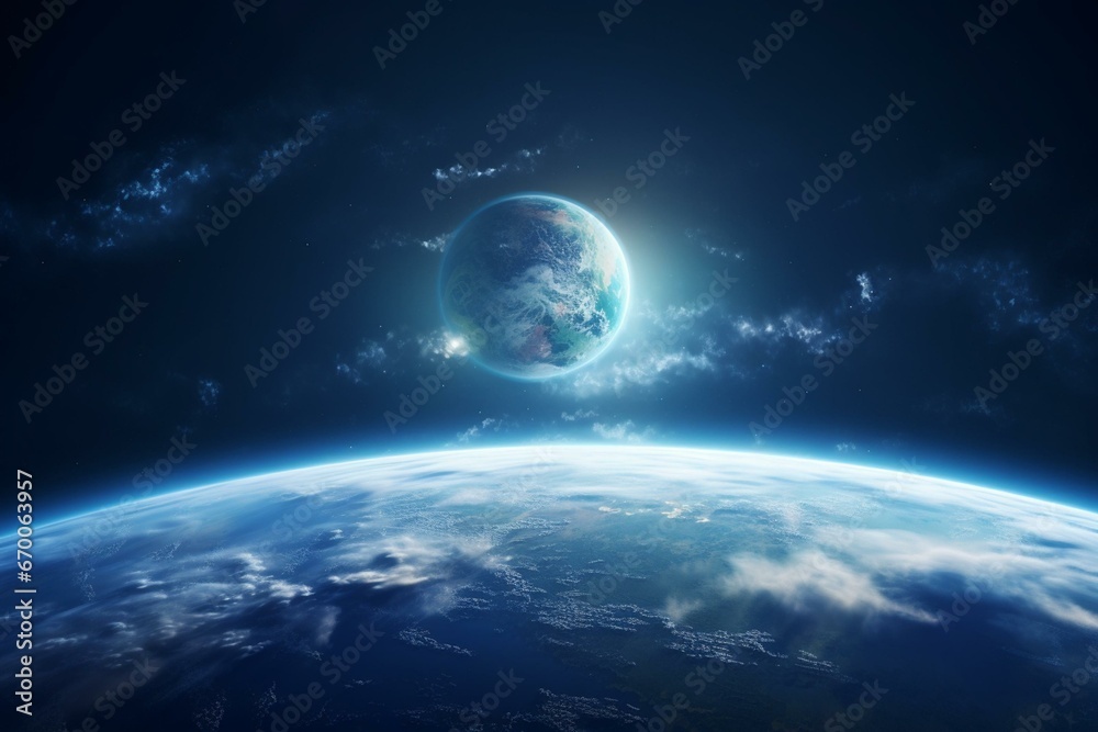 3D illustration of Earth from space with ocean, atmosphere, land, and clouds. Generative AI - obrazy, fototapety, plakaty 