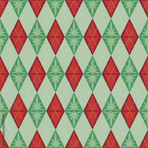 Argyle style fabric pattern christmas tree and marijuana leaves. Abstract background seamless green and red diamond shape. Texture design for textiles, clothes, posters, walls. Vector illustration.