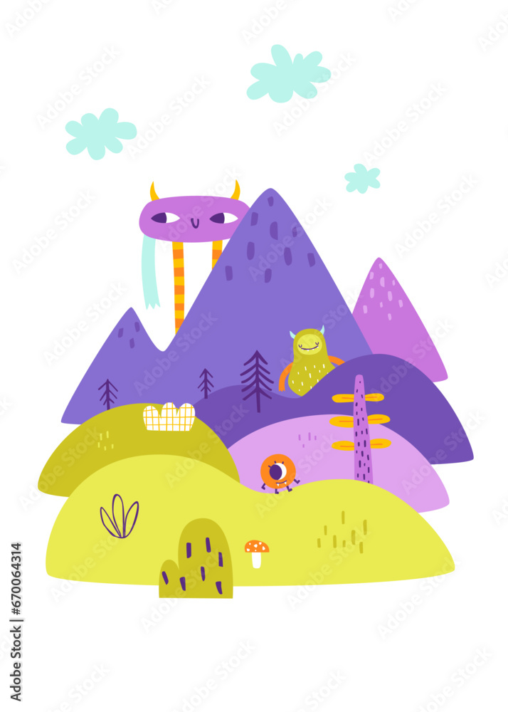 Poster with cute monsters in the mountain valley. Magical print with wonder monster world.