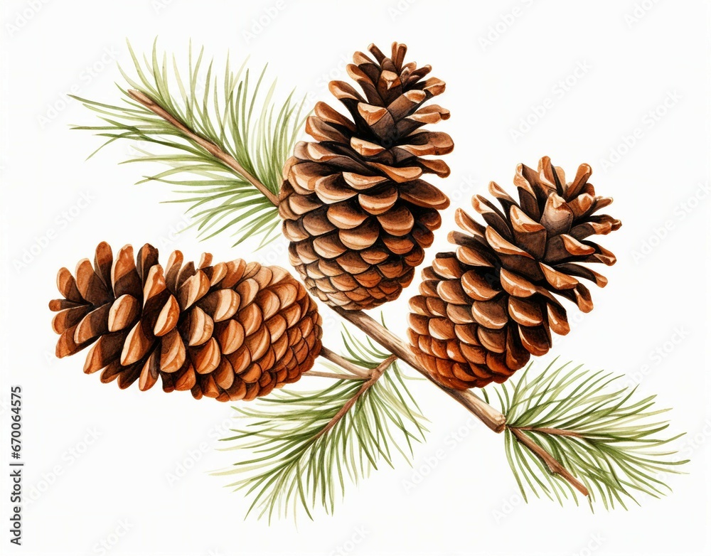 Three Pine Cones on a Branch with Needles Three Pine Cones on a Branch with Needles