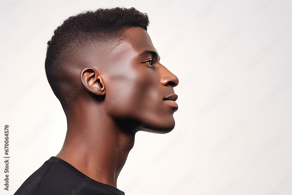 Portrait black man with flawless and glowing melanin skin isolated on white background, side view, Afro American male model