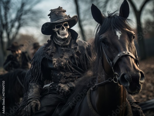 Black horseman skull of apocalypse riding black horse AI