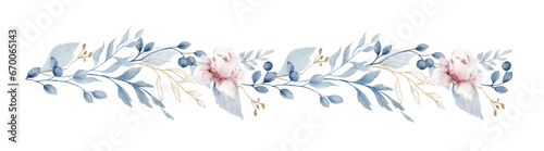 Watercolor vector floral border. Dusty blue, blush flowers and branches garland. Hand drawn illustration. photo