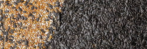Grain mixture and black sunflower seeds for wild birds. Birdseed for outdoor feeders as background. Top view.