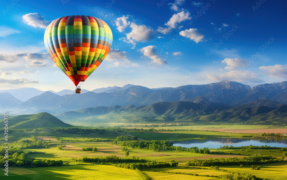 Fototapeta premium Floating hot air balloon in the valley outdoors,created with Generative AI tecnology.