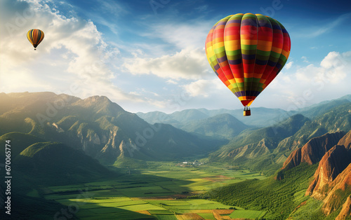 Floating hot air balloon in the valley outdoors,created with Generative AI tecnology.